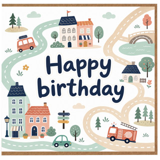 Birthday Card, Happy Birthday Town Scene Greeting Card