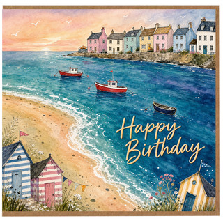 Birthday Card, Watercolour Coastal Harbour Scene