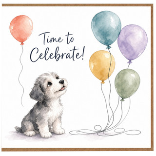 Birthday Card, Cute Puppy and Balloons Time to Celebrate Card