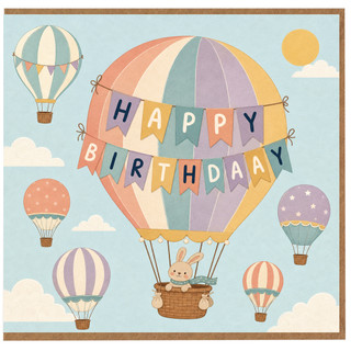 Birthday Card, Cute Hot Air Balloon Bunny Happy Birthday Greeting Card