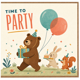 Birthday Card, Time to Party Cute Animal Party Card