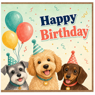 Birthday Card, with Cute Dogs and Balloons
