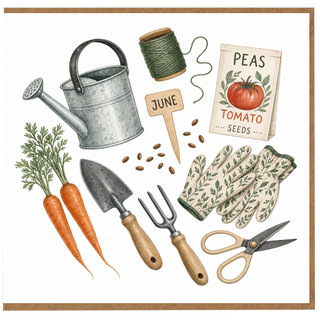 Birthday Card, Garden Tools and Seed Packet Greeting Card