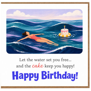 Birthday Card, Funny Happy Birthday Card with Cake in the Sea