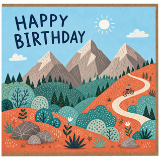 Birthday Card, Mountain Landscape Happy Birthday Card with Cycling Scene