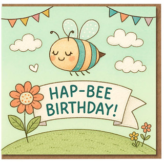 Hap-Bee Birthday Card - Cute Pun with Smiling Bee, Bunting and Flowers - Fun Bee-Themed Birthday Greeting for Kids, Friends and Family