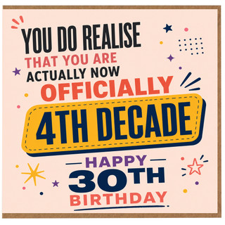 30th Birthday Card, You Do Realise That You Are Actually Now Officially 4th Decade Happy Birthday Card