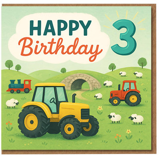 3rd Birthday Card for Kids - Farm Tractor and Sheep - Happy Birthday Number 3 - Cute Children's Countryside Card with Train