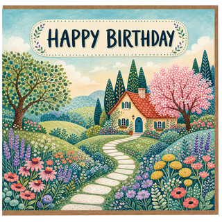 Birthday Card, Whimsical Cottage Garden Floral Birthday Card