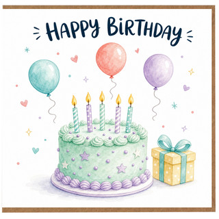 Birthday Card, Birthday Cake and Balloons Greeting Card