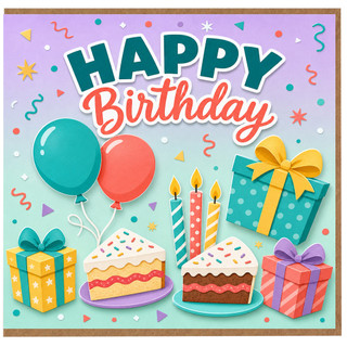 Birthday Card, Happy Birthday Greeting Card with Balloons, Cakes and Gifts