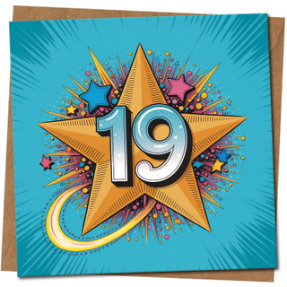19th Birthday Card - Star Burst Design - 145mm x 145mm Square - Colourful Celebration Card, Includes Kraft Envelope