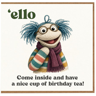 Birthday Card, Funny Birthday Tea Card with Knitted Character