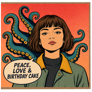 Birthday Card, Peace Love & Birthday Cake Octopus Woman Pop Art Card