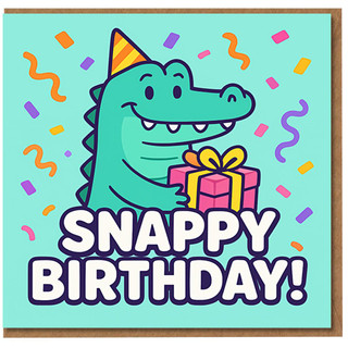 Snappy Birthday Pun Card - Cute Crocodile with Party Hat and Present, Colourful Confetti, Funny Kids Birthday Greeting Card