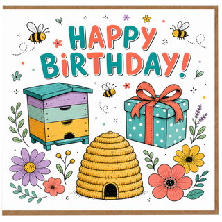 Birthday Card, Happy Birthday Bee and Flower Design Card