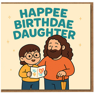 Funny Daughter Birthday Card - 'HAPPEE BIRTHDAE DAUGHTER' Cute Cartoon of Girl with Glasses and Bearded Man with Umbrella
