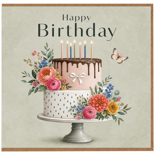 Birthday Card, Floral Cake and Butterfly Birthday Greeting Card