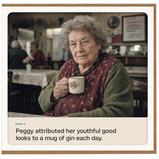 Birthday Card, Youthful Good Looks and Mug of Gin Humour Card