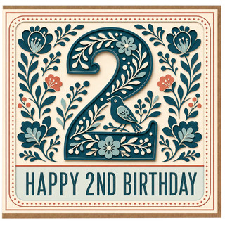 2nd Birthday Card, Vintage Floral Bird Design