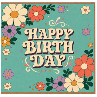 Birthday Card, Retro Floral Happy Birthday Card