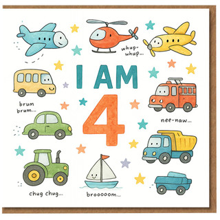 4th Birthday Card for Kids - I Am 4 - Cute Transport Theme with Aeroplane, Helicopter, Fire Engine, Tractor, Cars, Lorry and Boat, Star Pattern
