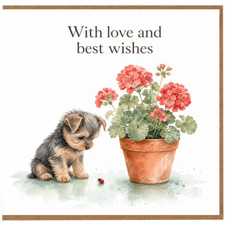 Birthday Card, Best Wishes Card with Puppy and Potted Flowers