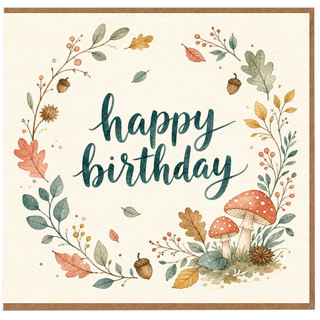 Birthday Card, Autumn Watercolour Happy Birthday Card with Mushrooms and Leaves