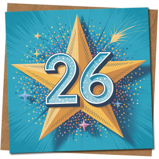26th Birthday Card - Big Star and Confetti Design on Teal - Square 145mm x 145mm -, Includes Kraft Envelope