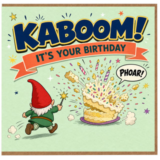Birthday Card, Funny KABOOM Birthday Card with Gnome and Cake Explosion
