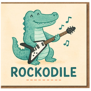 Rockodile Funny Birthday Card - Cute Crocodile Playing Guitar Pun with Music Notes, Perfect for Kids, Teens and Music Lovers