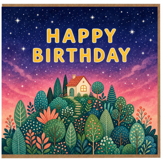 Birthday Card, Whimsical Night Sky House and Forest Design