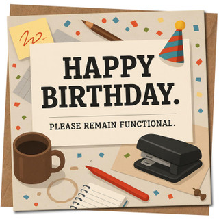 Funny Birthday Card - Please Remain Functional - Office Humour Desk Theme - 145mm x 145mm - For Colleague Friend Him Her, Includes Kraft Envelope