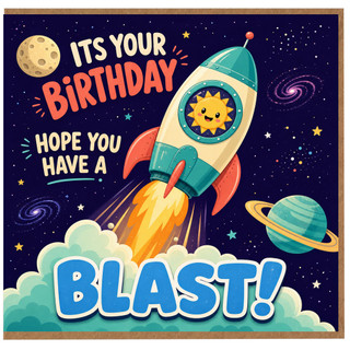 Birthday Card, Fun Space Rocket Blast Off Design