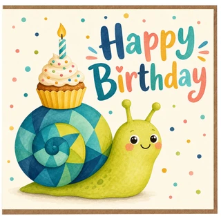 Birthday Card, Cute Happy Birthday Snail and Cupcake Design