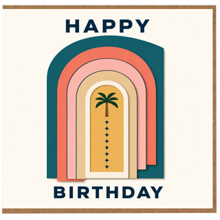 Birthday Card, Happy Birthday Card with Rainbow Arch and Palm Tree Design