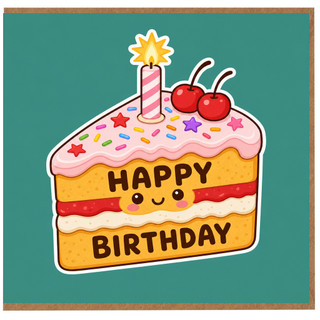 Birthday Card, Cute Cake Slice Happy Birthday Card