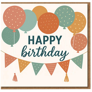 Happy Birthday Card - Balloons and Bunting Design in Muted Teal, Rust and Mustard, Modern 'HAPPY birthday' Typography - Unisex Cute Greeting for Friends, Family or Colleagues