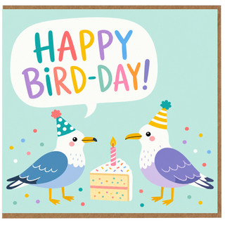 Birthday Card, Happy Bird - Day Card with Party Birds and Cake