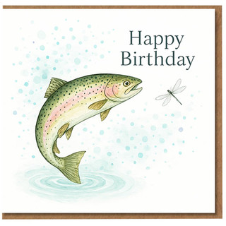 Happy Birthday Card - Watercolour Trout Jumping with Dragonfly, Fishing Theme Nature Illustration for Anglers and Outdoor Lovers