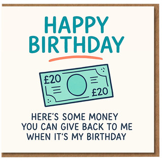 Funny Birthday Card - Happy Birthday, £20 Note Illustration, Here's Some Money You Can Give Back To Me When It's My Joke, for Him, Her, Friend, Adult