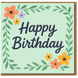Happy Birthday Card with Floral Border on Soft Green - Pastel Flowers and Leaves, Cheerful Birthday Greeting for Anyone