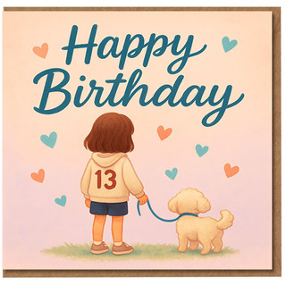 13th Birthday Card for Teen - Cute Kid with Puppy Illustration, Hearts and Big 'Happy Birthday' Text - Dog Lover Card for 13-Year-Old
