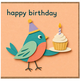 Birthday Card, Cute Bird and Cupcake Design