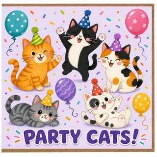 Birthday Card, Party Cats Cute Cat Celebration Card