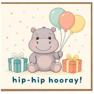 Birthday Card, Cute Hippo Balloons and Gifts Card