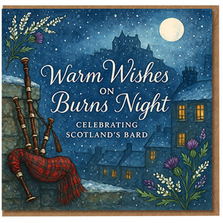 Burns Night Greeting Card - Warm Wishes on Burns Night, Celebrating Scotland's Bard, Bagpipes, Thistles & Moonlit Castle Scene