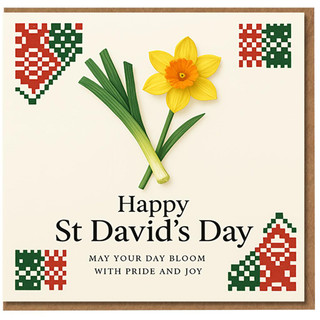 St David’s Day Card - Daffodil and Leek Welsh Design with Tapestry Corners - Happy St David’s Day - May Your Bloom with Pride and Joy - Wales Celebration Greeting Card