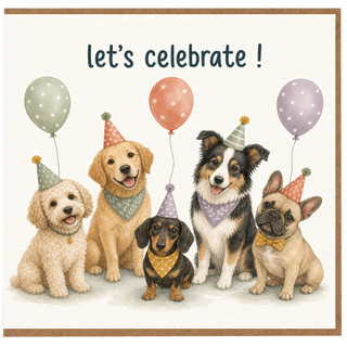 Birthday Card, Celebration Card with Dogs and Balloons