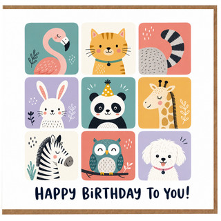 Birthday Card, Cute Animal Birthday Card, Colourful Cartoon Birthday Card